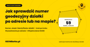 Okładka poradnika: jak sprawdzić numer geodezyjny działki po adresie lub na mapie, z kartą numeru działki 59 na obrysie działki